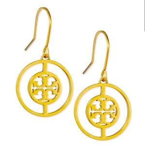 NEW Tory Burch Deco Logo Gold Circle Dangle Drop Hook Earrings